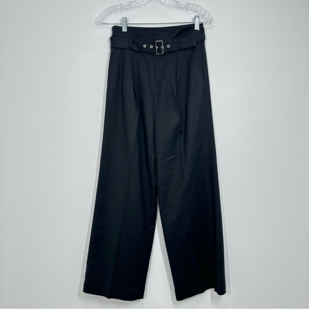 J. Crew Women's Size 0P Belted Wide Leg Trouser Black Pants Classic Work Career